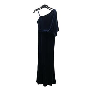 ADRIANNA PAPELL Velvet Gown 8 Navy One Shoulder Flutter Long Formal Dress EUC